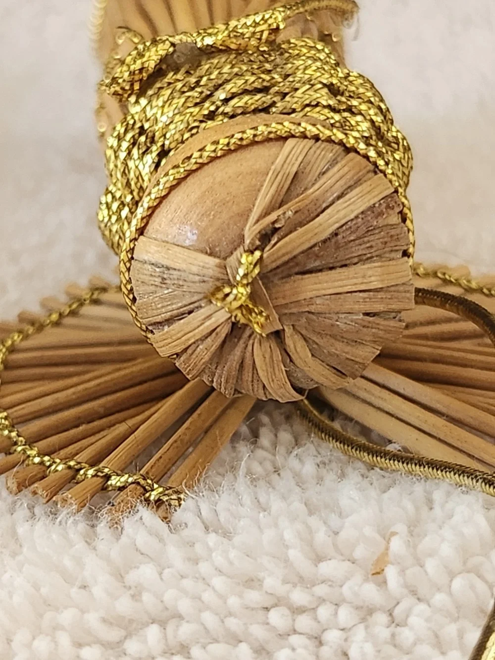 Vintage Handmade Straw Angel Ornament with Gold Trim Painted Wood Face